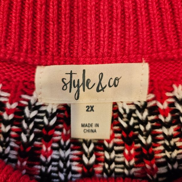 Style & Co Red Fair Isle Knit Sweater 2X Cotton Blend casual office Bold Party - Picture 3 of 12